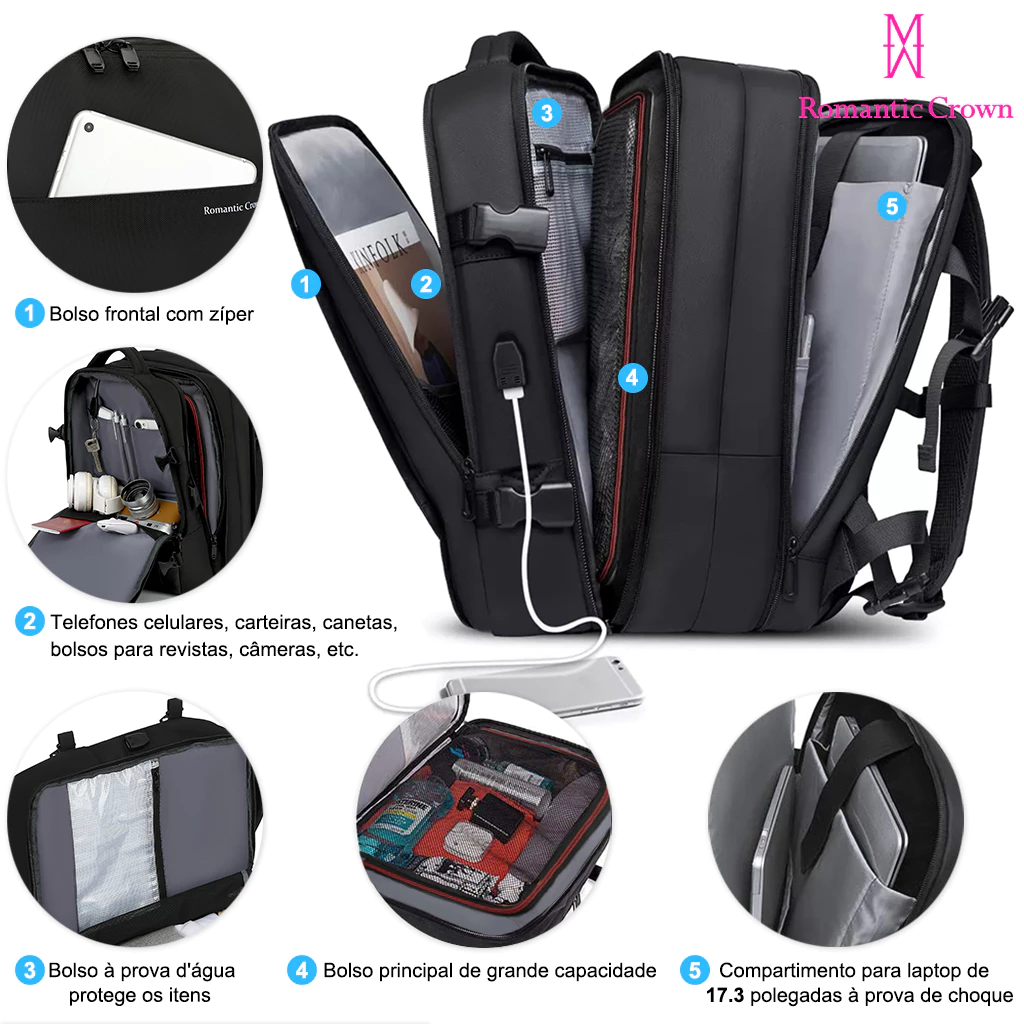 ROMANTIC CROWN Mochila de Viagem Masculina e Feminina Impermeável Reforçada Executiva para Notebook