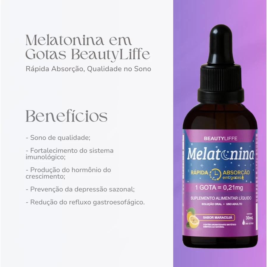 Melatonina BeautyLiffe em Gotas Rápida Absorção, Qualidade no Sono – Evite Insônia – Sabor Maracujá