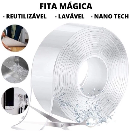 Fita Dupla Face 3m ou 5m Transparente Silicone Mágica Adesiva Cola na Parede Móvel Porta