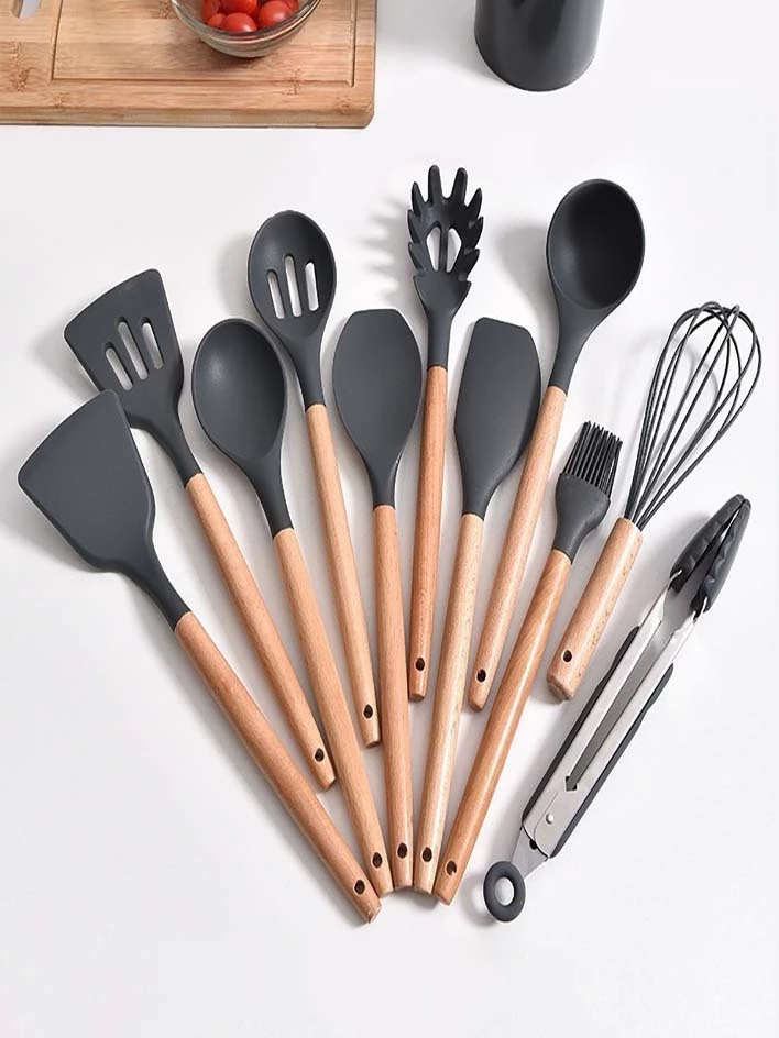 Kit 5/12 Jogo de Cozinha Silicone, Utensílios Suporte para Cozinheiro Cabo de Madeira MasterChef